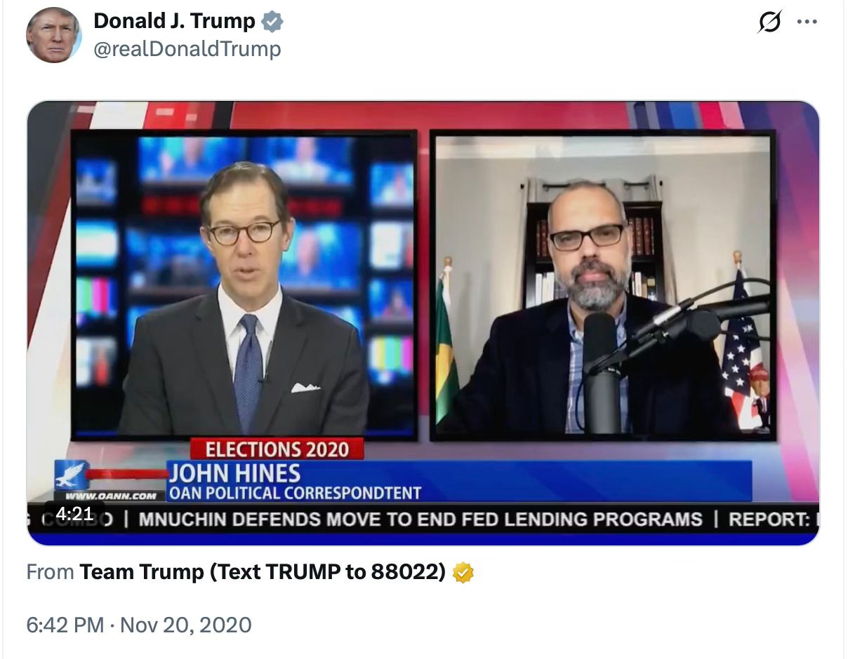 The post by Donald J. Trump sharing Allan Dos Santos’s interview