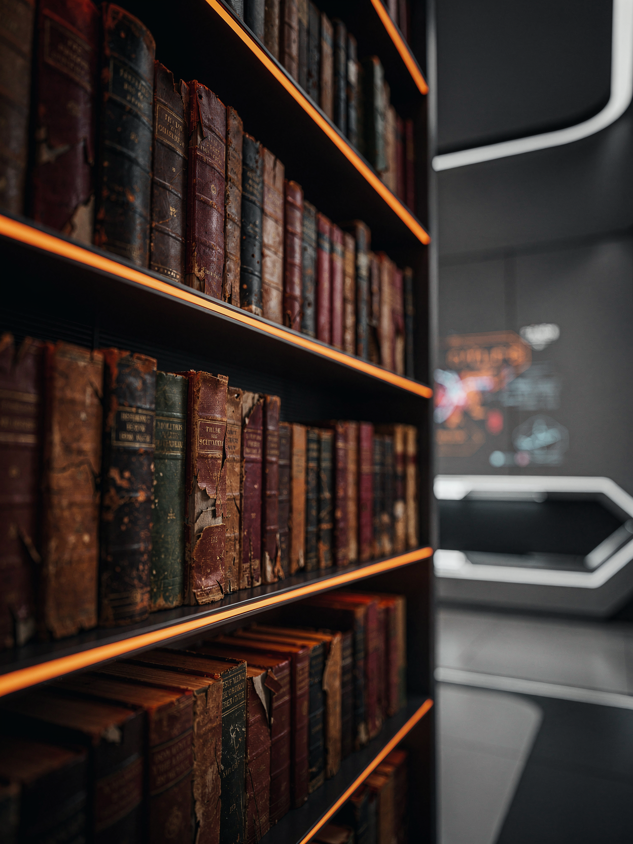 Illustration of bookshelves beside a desk